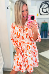 Orange Abstract Print Split Neck Long Sleeve Dress JT's Designer Fashion