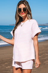 Pink Stripe Knitted Short Sleeve Top and Drawstring Shorts Set Short Sets JT's Designer Fashion