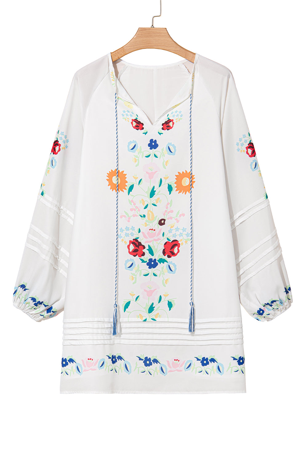 White Floral Print Boho Tassel Tie Split Neck Tucking Detail Puff Sleeve Mini Dress Mini Dresses JT's Designer Fashion
