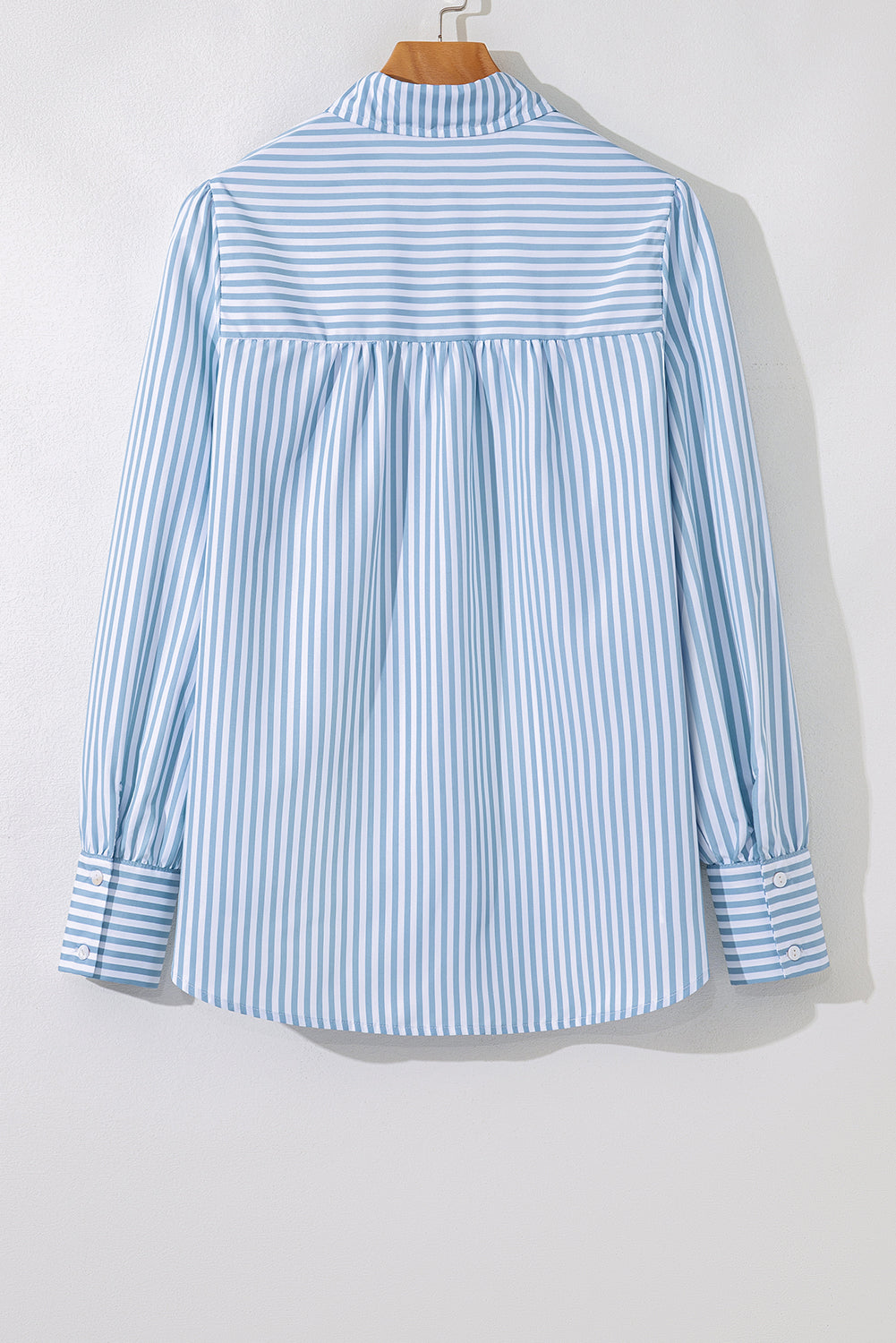 Sky Blue Stripe Shirred Detail Half Placket Collared Long Sleeve Fall Shirt Blouses & Shirts JT's Designer Fashion