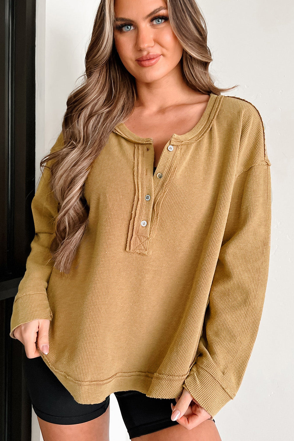 Camel Textured Knit Half Button Drop Shoulder Oversized Top Long Sleeve Tops JT's Designer Fashion