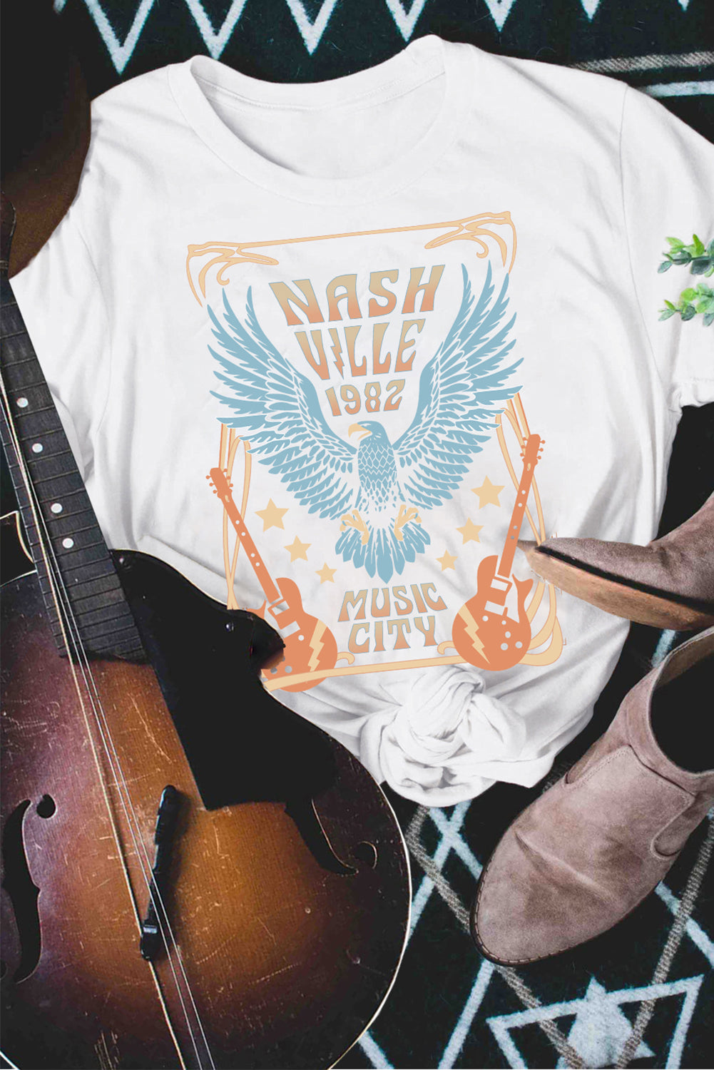 White NASHVILLE 1982 MUSIC CITY Casual T Shirt Graphic Tees JT's Designer Fashion