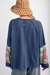 Sail Blue Flower Patchwork Raglan Sleeve Exposed Seam Oversized Top Long Sleeve Tops JT's Designer Fashion