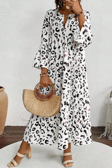 White Leopard Print Notch V Neck Loose Fit Long Dress Maxi Dresses JT's Designer Fashion