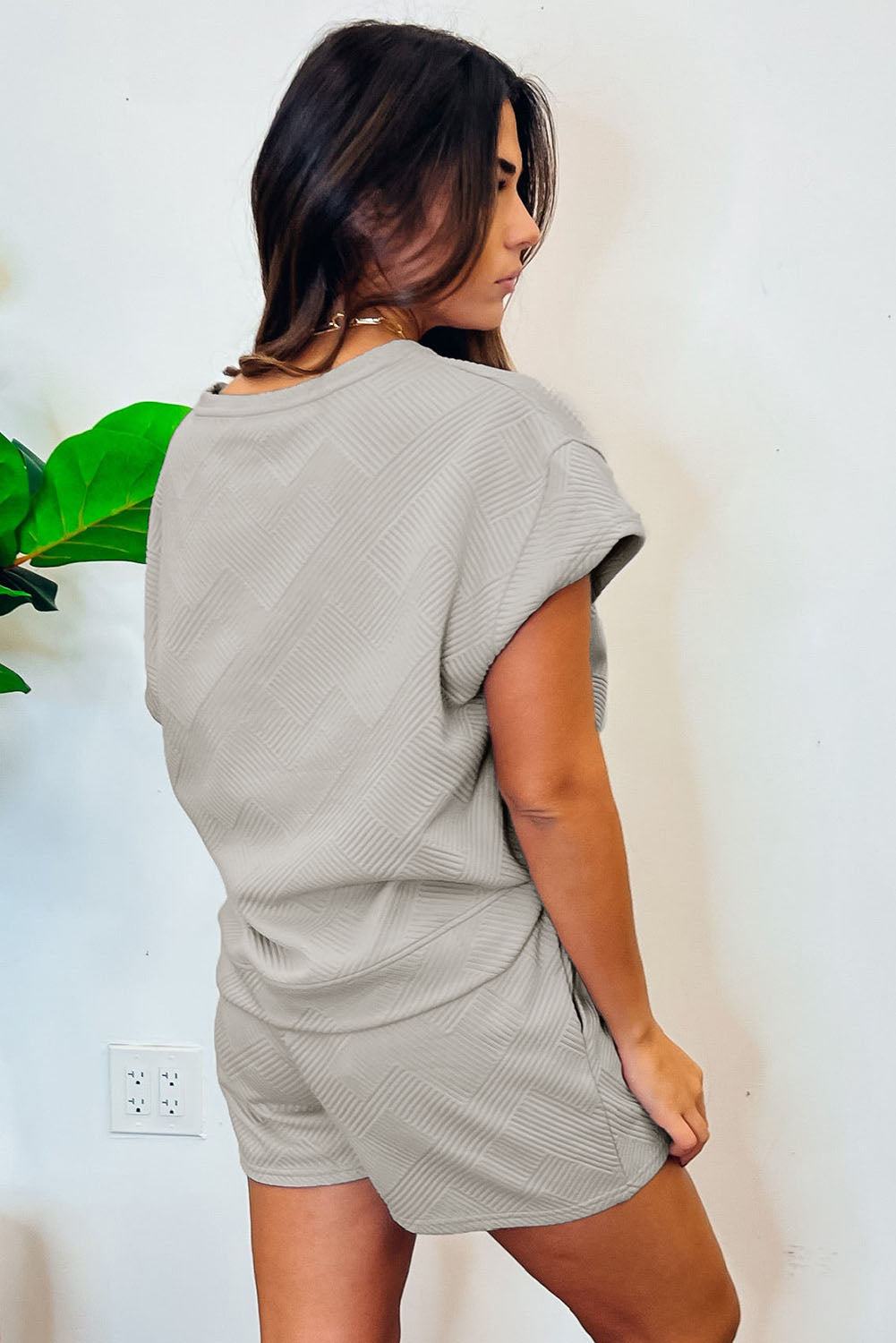 Gray Shiny Easter Bunny Patch Textured Short Outfit Graphic Sets JT's Designer Fashion