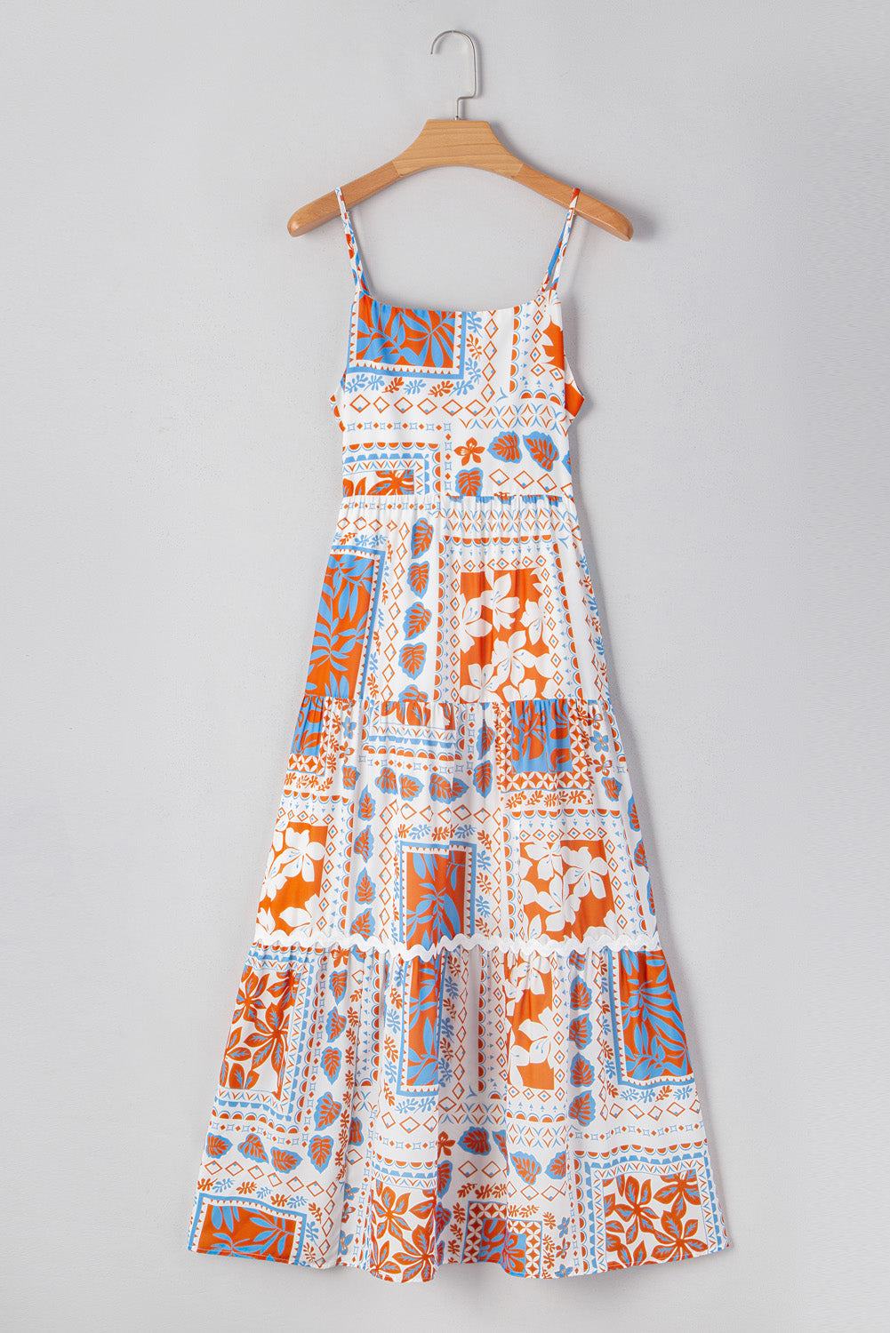 Orange Multi Printed Ricrac Trim Spaghetti Straps Long Dress Maxi Dresses JT's Designer Fashion