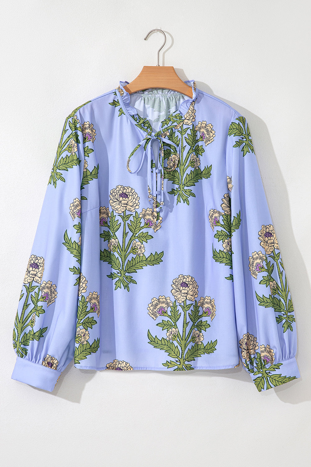 Sky Blue Floral Print Button Tie Neck Long Puff Sleeve Blouse Blouses & Shirts JT's Designer Fashion