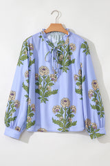 Sky Blue Floral Print Button Tie Neck Long Puff Sleeve Blouse Blouses & Shirts JT's Designer Fashion