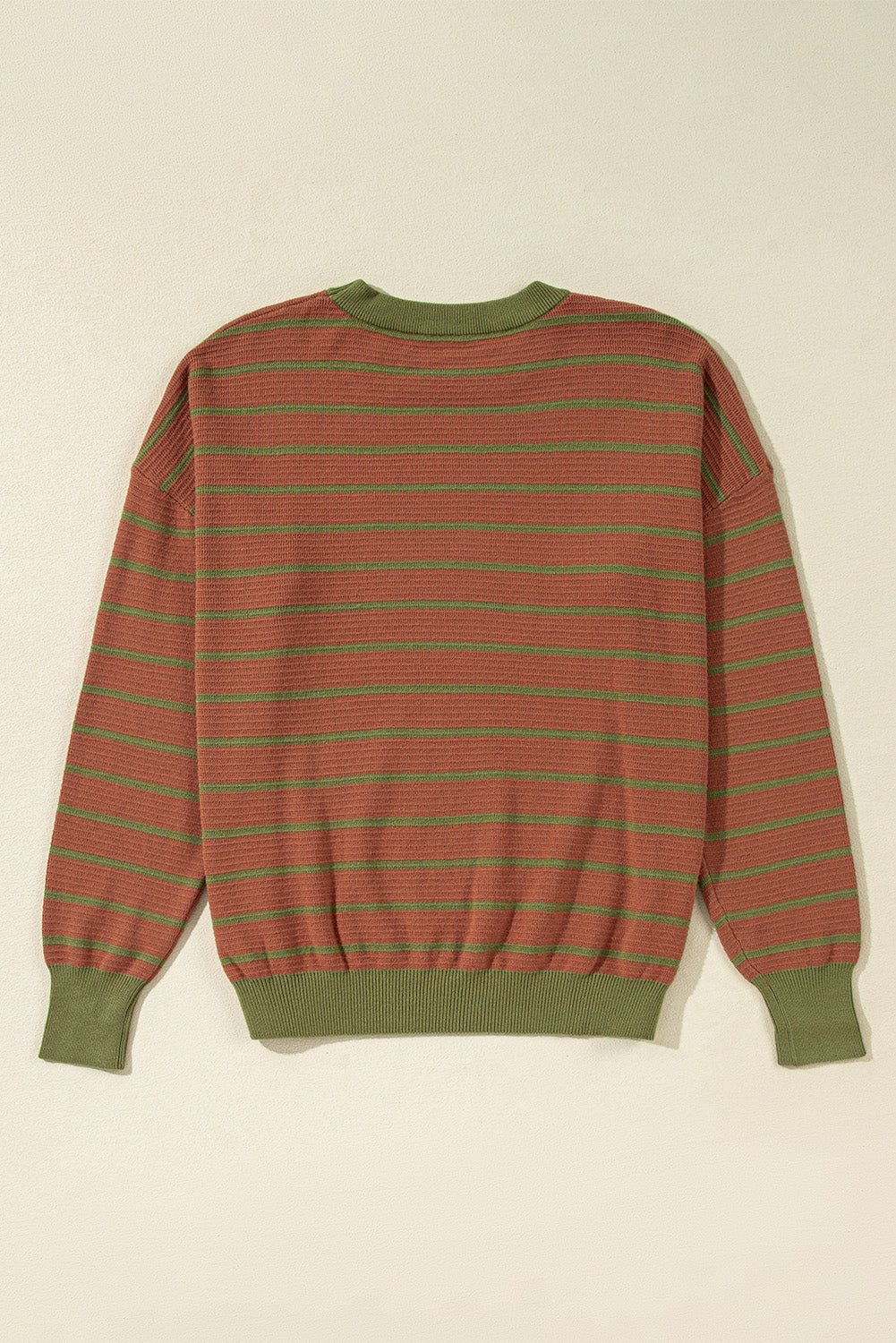 Brown Stripe Trimmed Round Neck Drop Shoulder Loose Sweater Sweaters JT's Designer Fashion