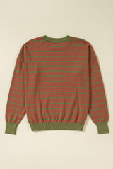 Brown Stripe Trimmed Round Neck Drop Shoulder Loose Sweater Sweaters JT's Designer Fashion