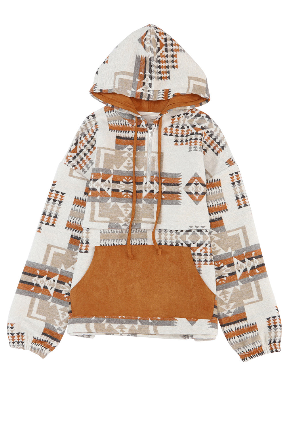 Beige Aztec Print Kangaroo Pocket Half-Zip Hoodie Sweatshirts & Hoodies JT's Designer Fashion