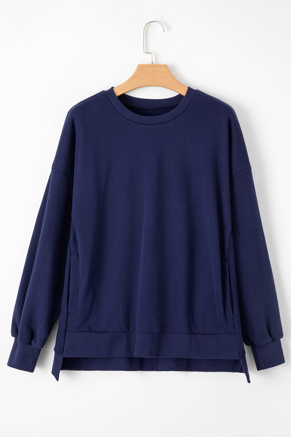 Navy Blue Solid Fleece Lined Drop Shoulder High Low Sweatshirt Sweatshirts & Hoodies JT's Designer Fashion