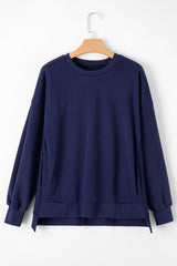 Navy Blue Solid Fleece Lined Drop Shoulder High Low Sweatshirt Sweatshirts & Hoodies JT's Designer Fashion