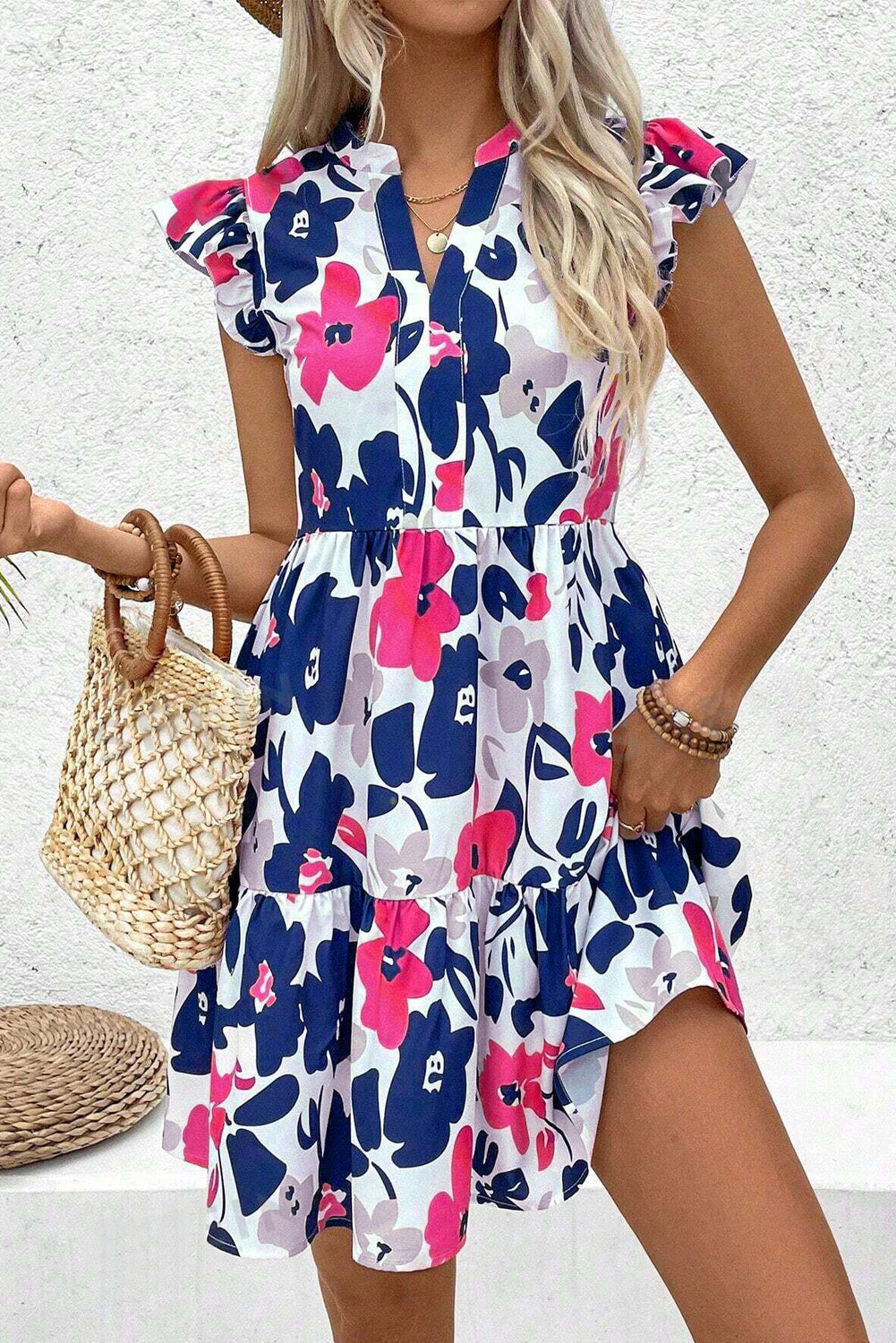 Fashion Floral Print Notched Neck Flutter Sleeve Mini Dress Rose 100%Polyester Floral Dresses JT's Designer Fashion