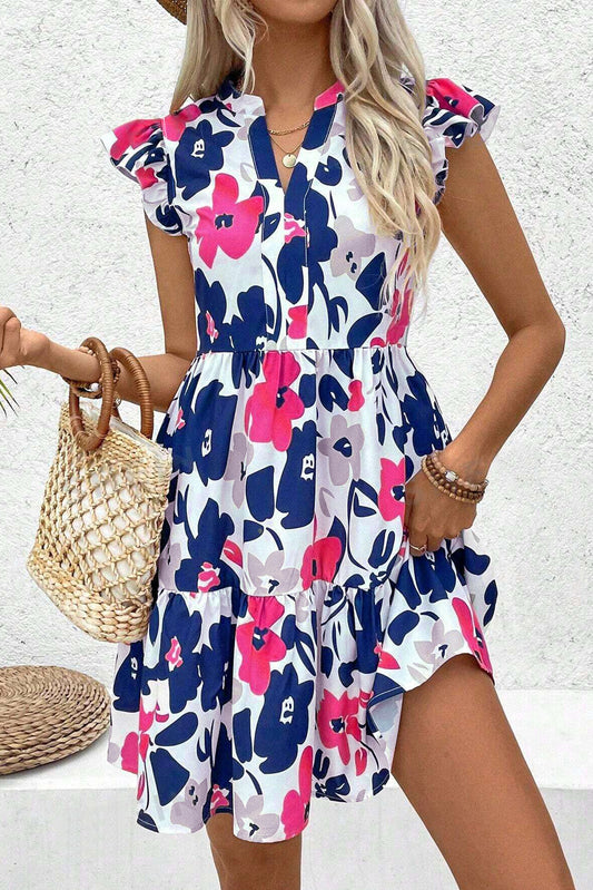 Fashion Floral Print Notched Neck Flutter Sleeve Mini Dress Rose 100%Polyester Floral Dresses JT's Designer Fashion