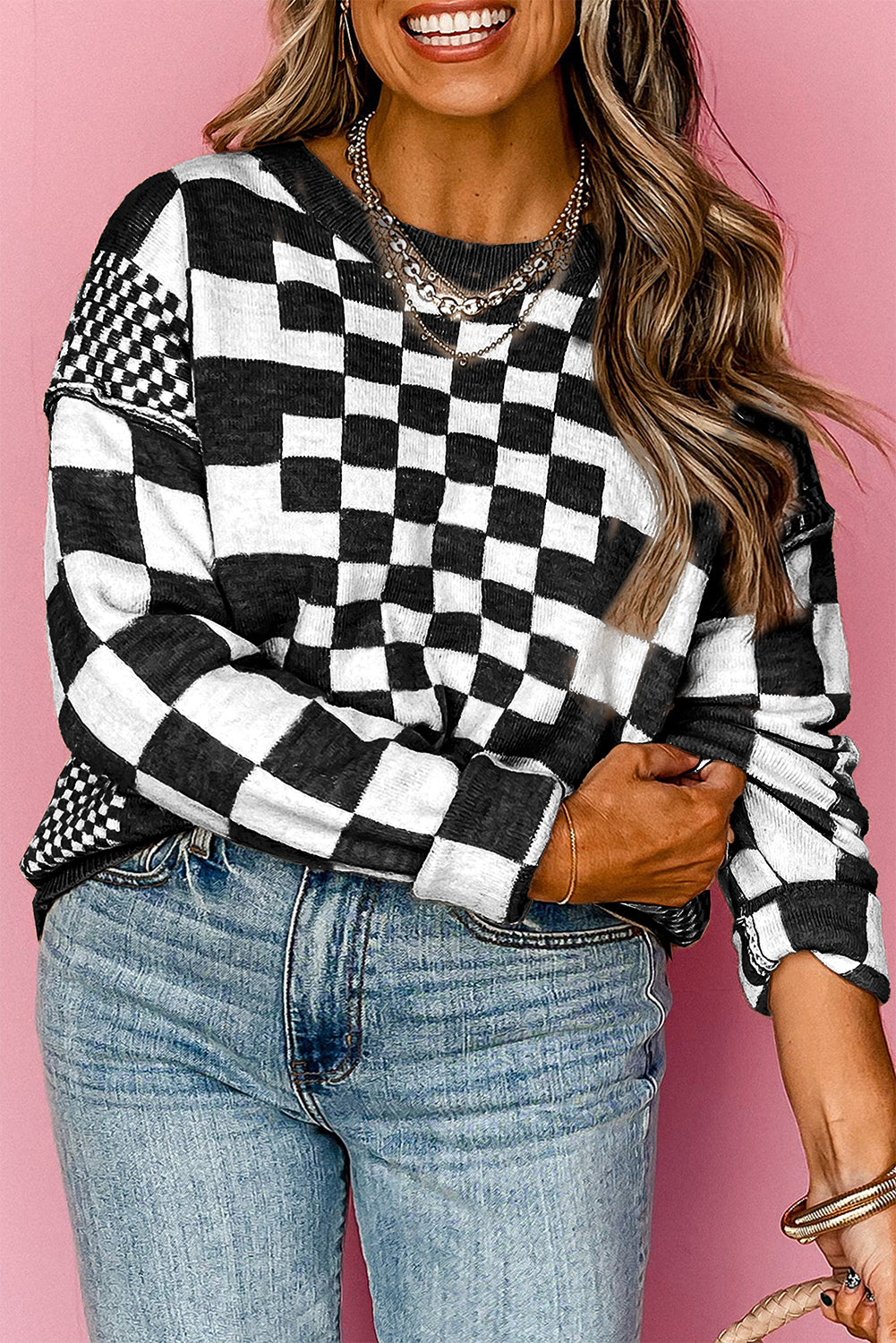 Black Checkered Print Drop Shoulder Round Neck Sweater Sweaters JT's Designer Fashion