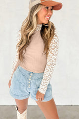 Smoke Gray Floral Lace Patchwork Long Sleeve High Neck Slim Top Long Sleeve Tops JT's Designer Fashion