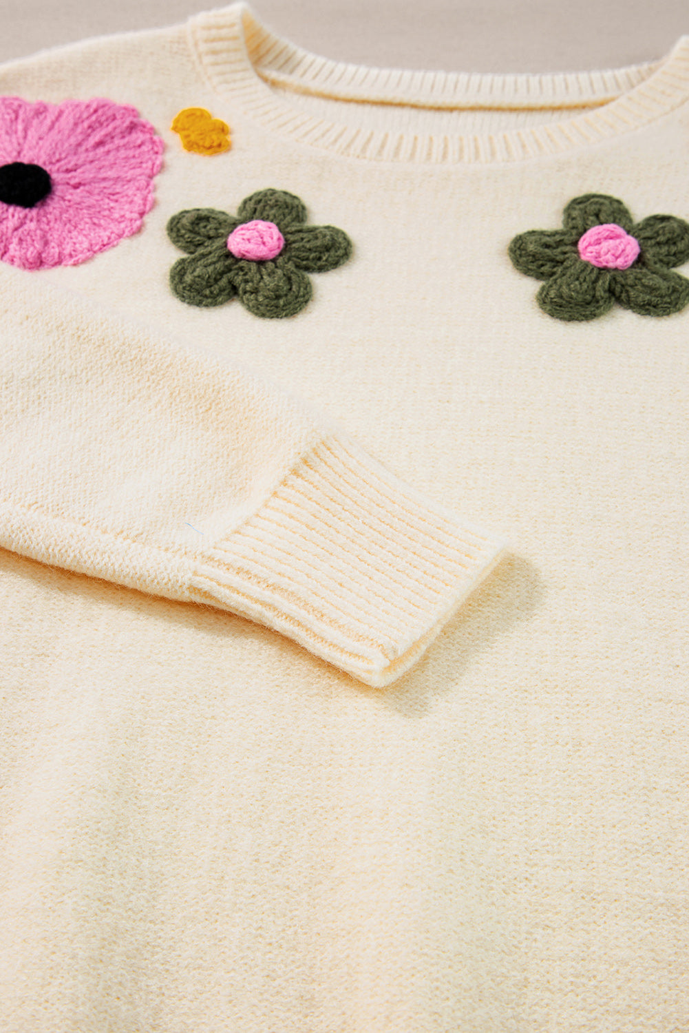 Beige Knitted Flower Pattern Ribbed Edge Sweater Sweaters JT's Designer Fashion