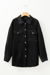Black Corduroy Flap Pocket Button Up Shacket Jackets JT's Designer Fashion
