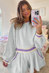 Light Grey Contrast Striped Bands Cropped Pullover and Athletic Short Set Short Sets JT's Designer Fashion