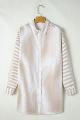 Khaki Stripe Long Sleeve Button Up Mini Shirt Dress Mini Dresses JT's Designer Fashion