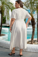 Khaki Polka Dot Surplice V Neck Tied Waist Flutter Sleeve Flowy Plus Size Midi Dress Plus Size Midi Dresses JT's Designer Fashion