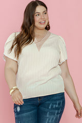 Beige Contrast Embroidered V Neck Wrap Sleeve Textured Plus Blouse Plus Size JT's Designer Fashion