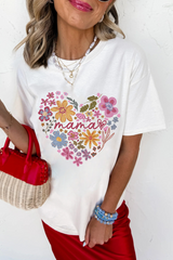 White MAMA Flower Heart Cotton Blend Graphic Tee Graphic Tees JT's Designer Fashion