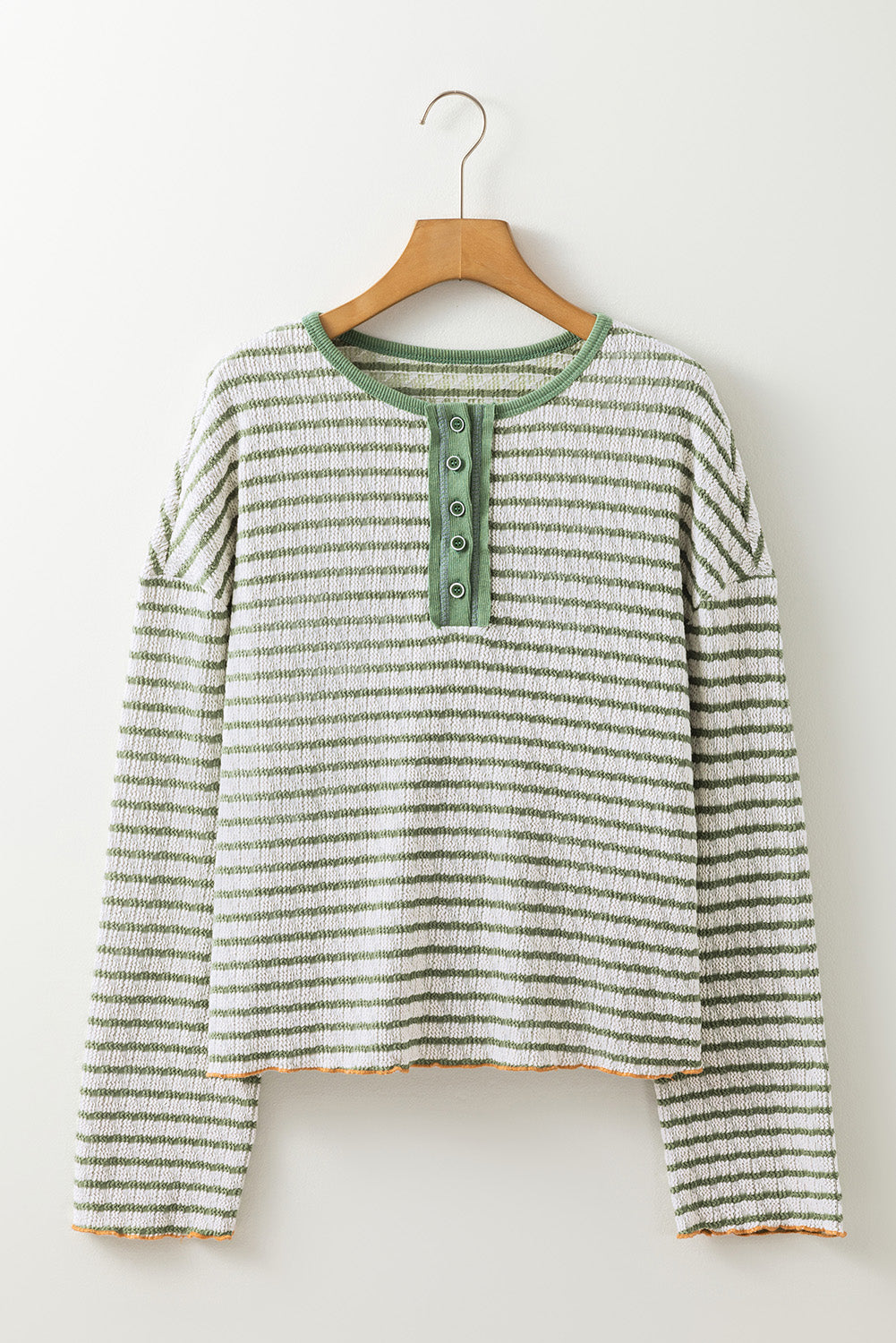 Green Stripe Textured Frilly Trim Buttons Henley Long Sleeve Top Long Sleeve Tops JT's Designer Fashion