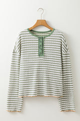 Green Stripe Textured Frilly Trim Buttons Henley Long Sleeve Top Long Sleeve Tops JT's Designer Fashion