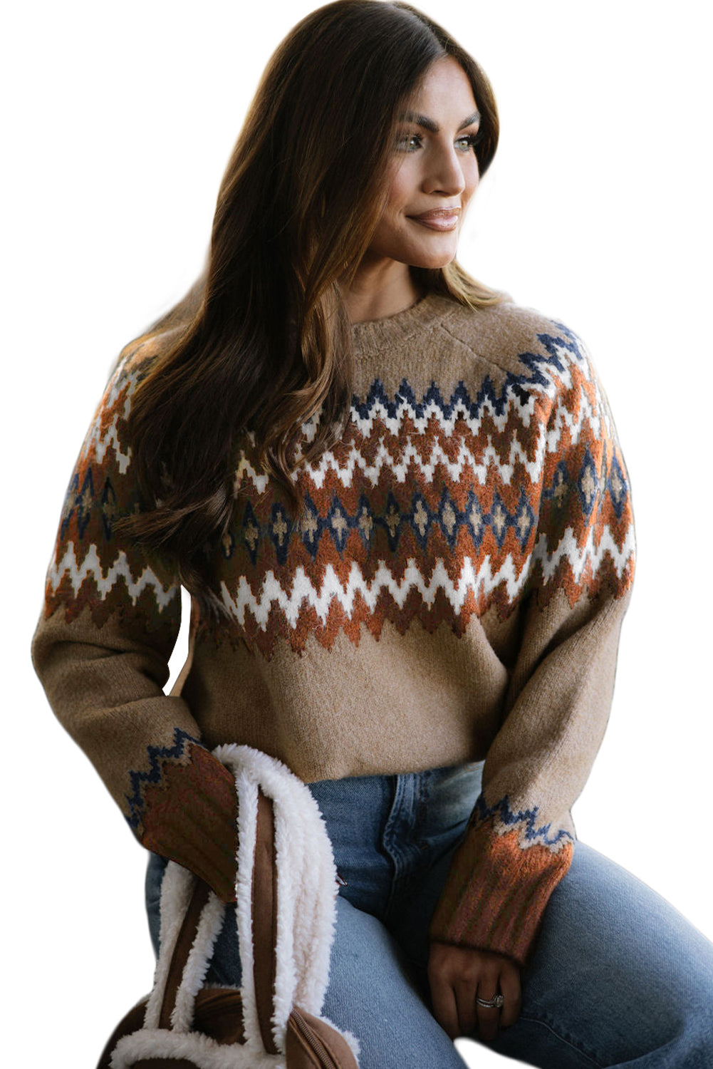 Khaki Aztec Print Colorblock Crew Neck Sweater Sweaters JT's Designer Fashion