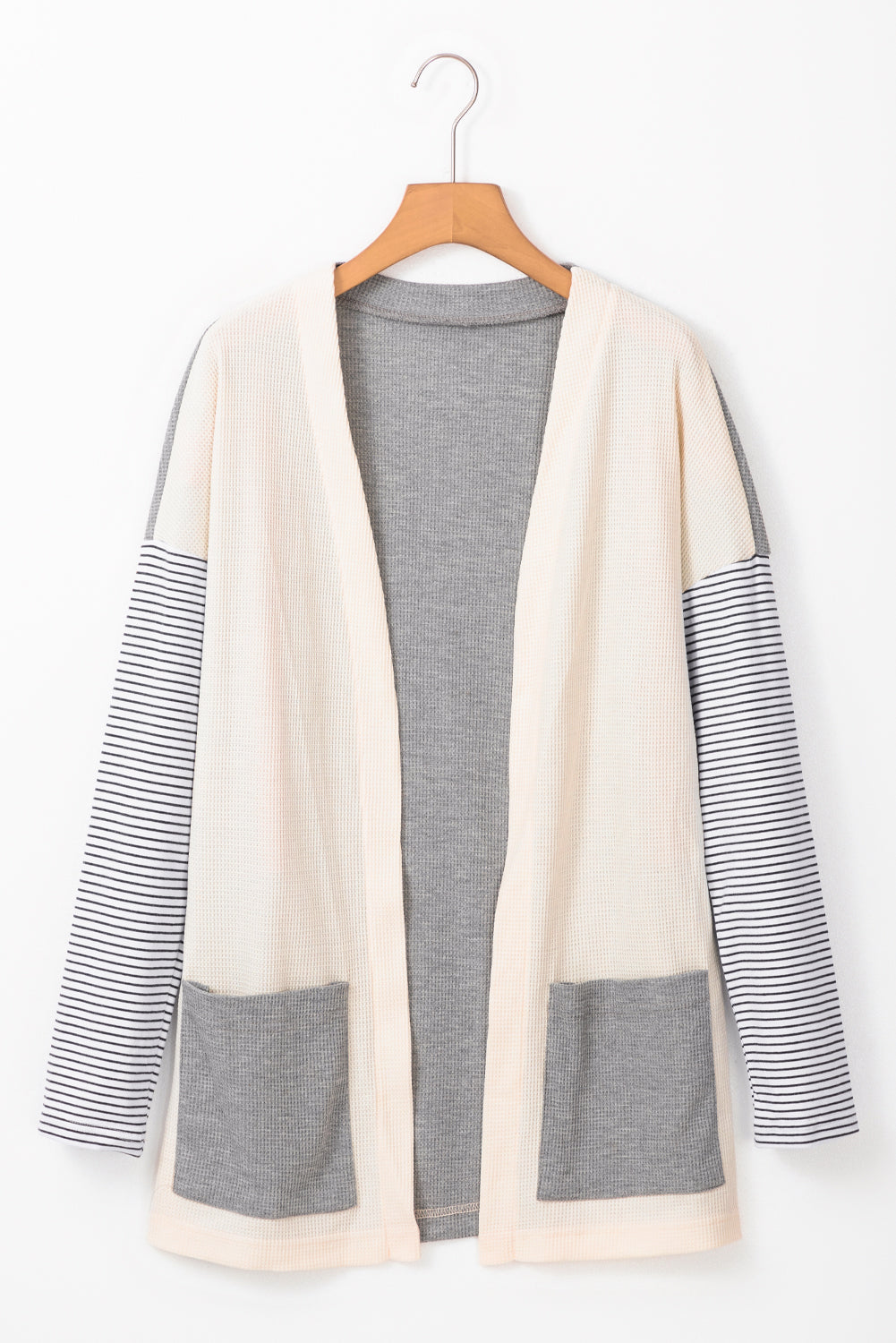 Black Stripe Colorblock Patchwork Open Front Cardigan with Pocket Cardigans JT's Designer Fashion