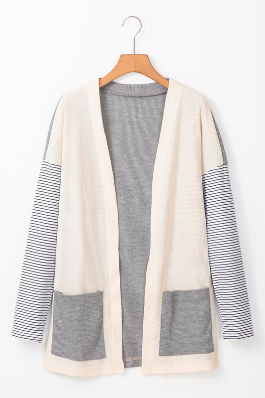 Black Stripe Colorblock Patchwork Open Front Cardigan with Pocket Cardigans JT's Designer Fashion