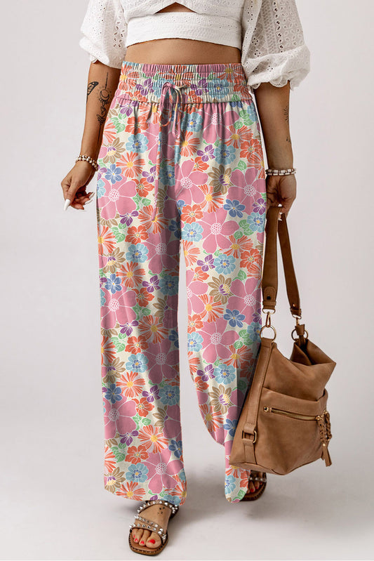 Pink Floral Smocked Waist Loose Pants Bottoms JT's Designer Fashion