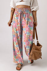 Pink Floral Smocked Waist Loose Pants Bottoms JT's Designer Fashion