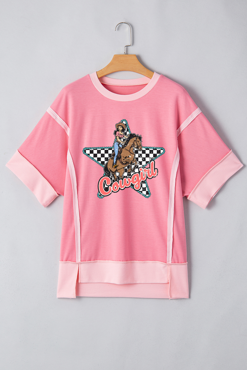 Peach Blossom Cowgirl Checkered Star Shape Print Exposed Seam T Shirt Graphic Tees JT's Designer Fashion