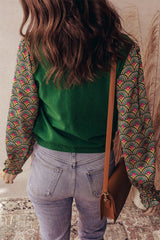 Blackish Green Floral Patchwork Shirred Cuff Puff Sleeve Sweater Sweaters JT's Designer Fashion