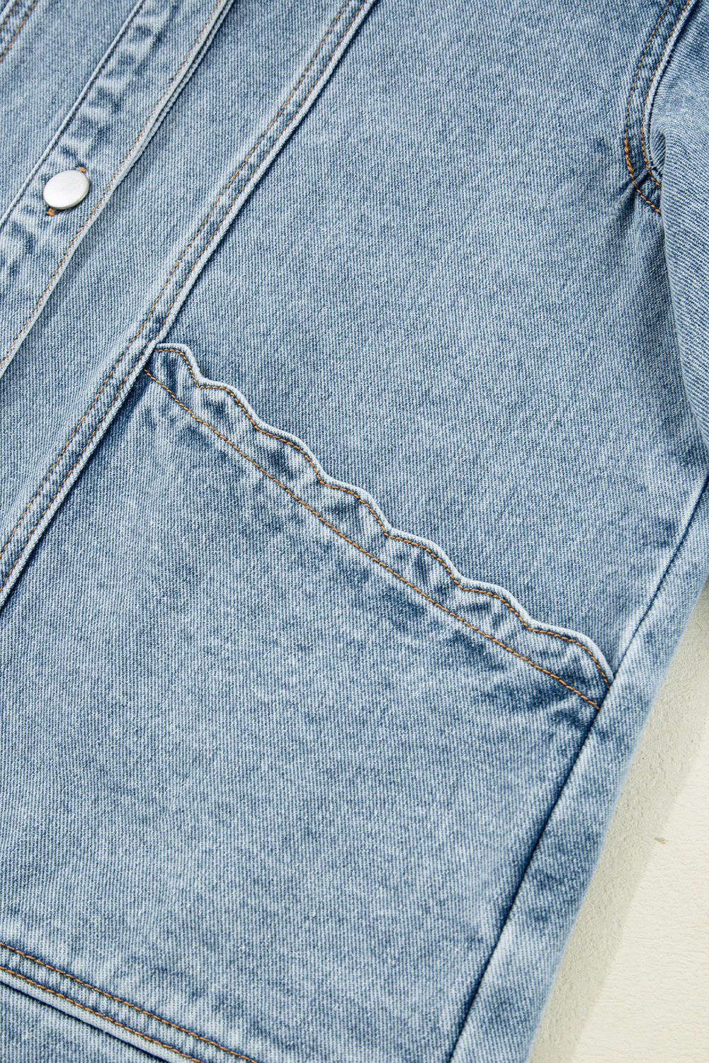 Myosotis Scallop Trim Collar Patched Pocket Button Up Denim Jacket Denim Jackets JT's Designer Fashion