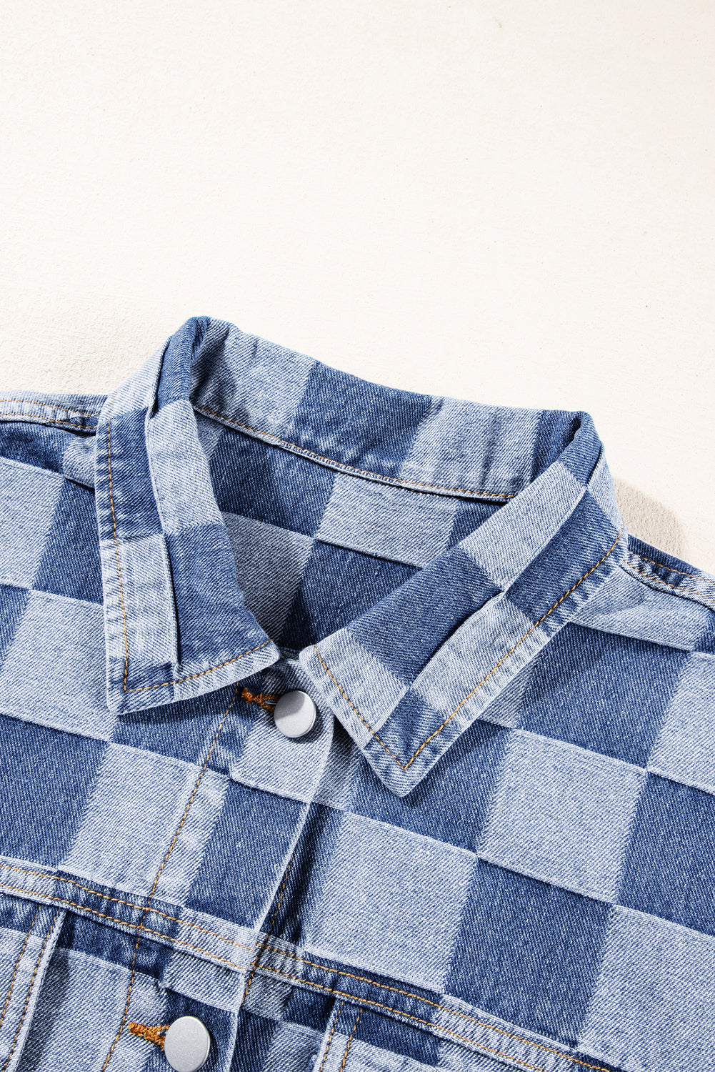 Light Blue Checkered Patchwork Button up Denim Jacket Denim Jackets JT's Designer Fashion