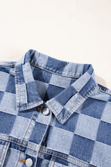 Light Blue Checkered Patchwork Button up Denim Jacket Denim Jackets JT's Designer Fashion