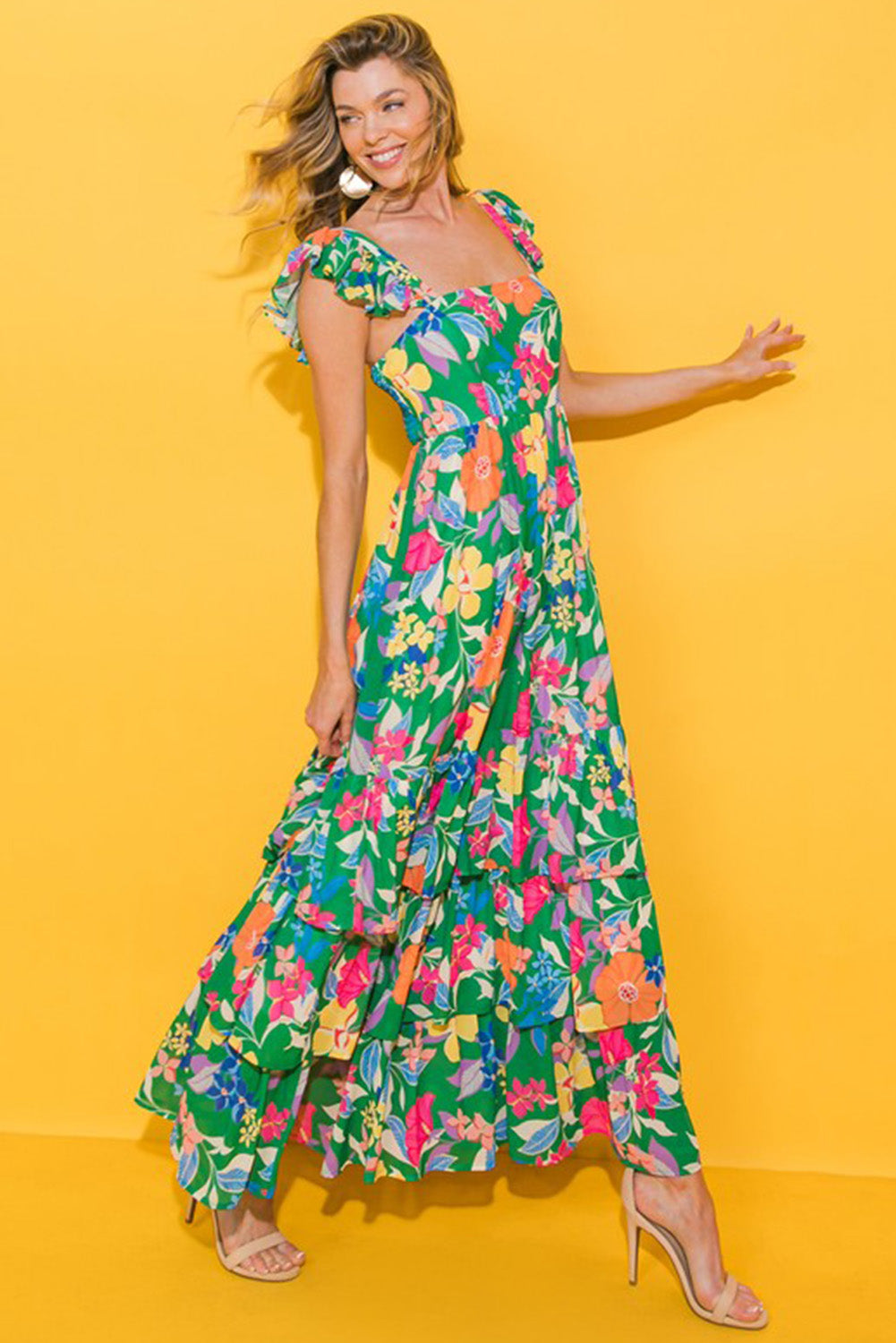 Green Floral Print Sleeveless Ruffle Tiered Maxi Dress Floral Dresses JT's Designer Fashion