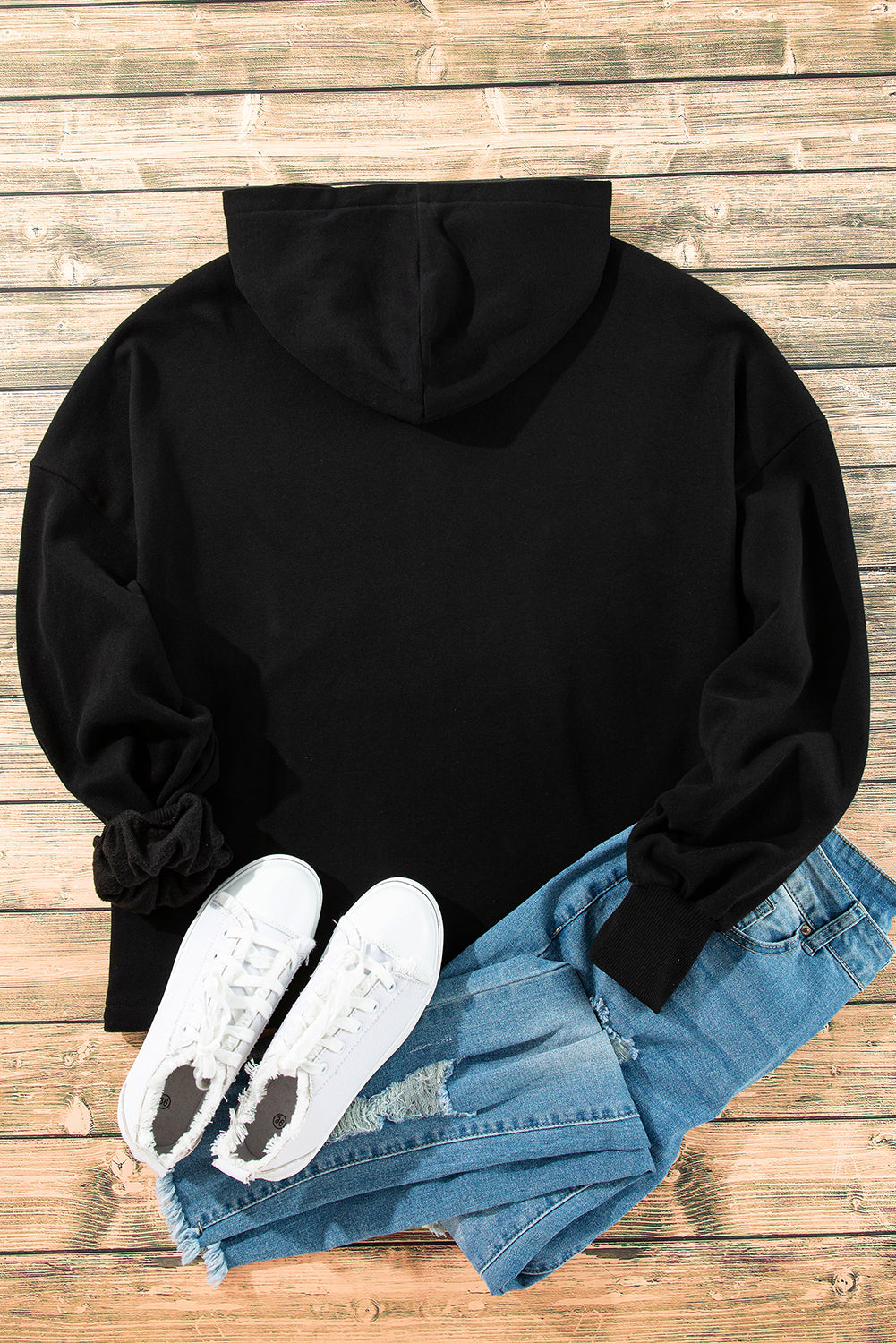 Black Fleece Lined Half Zipper Kangaroo Pockets Loose Hoodie Sweatshirts & Hoodies JT's Designer Fashion