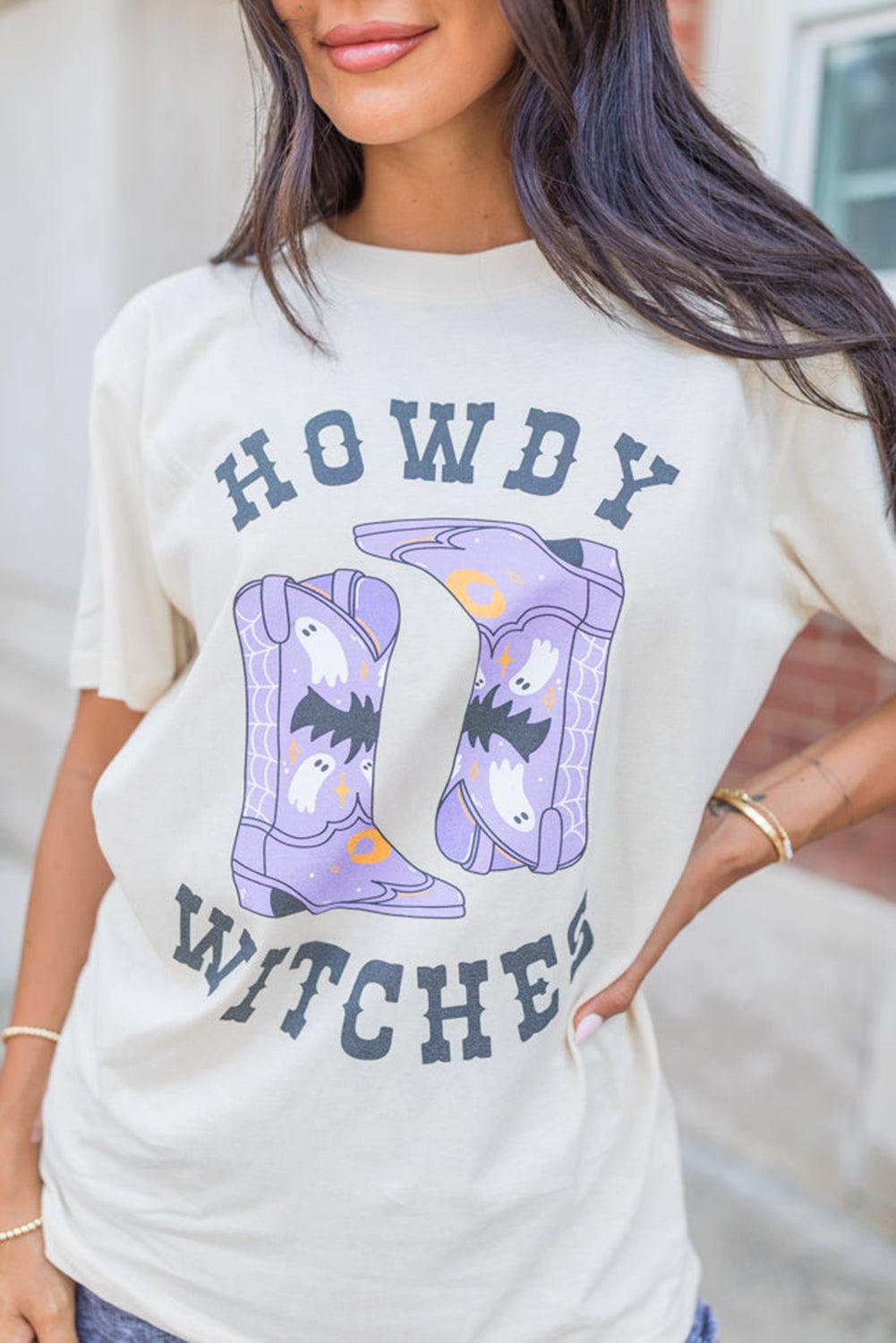 White HOWDY WITCHES Halloween Boots Crewneck T Shirt Graphic Tees JT's Designer Fashion