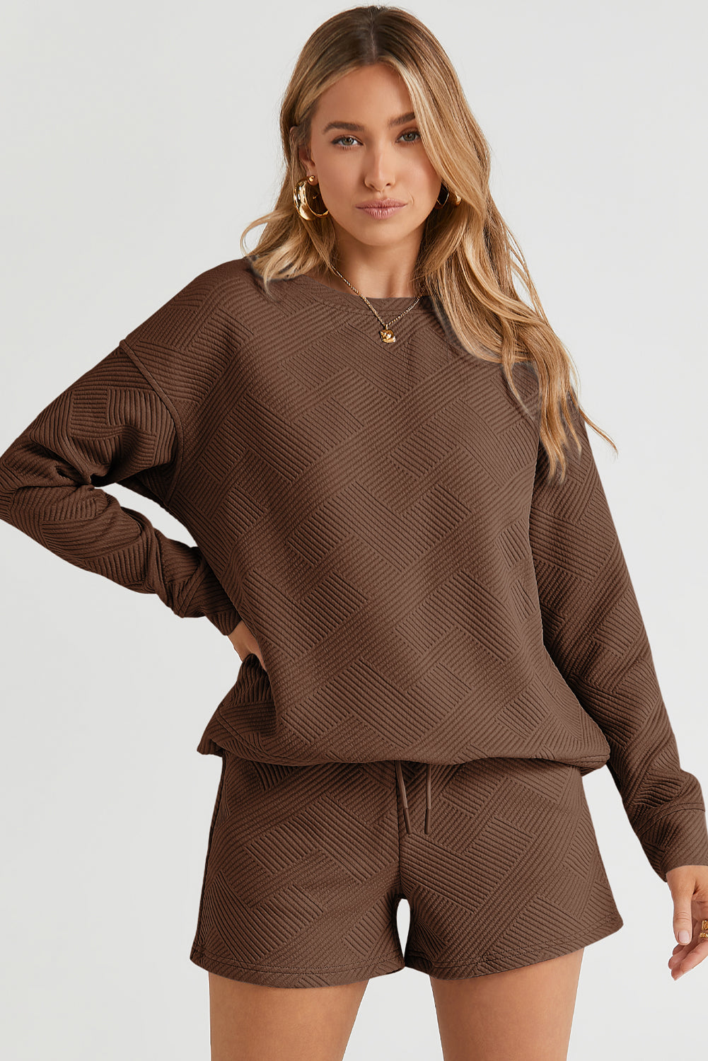 Brown Textured Long Sleeve Top and Drawstring Shorts Set Short Sets JT's Designer Fashion