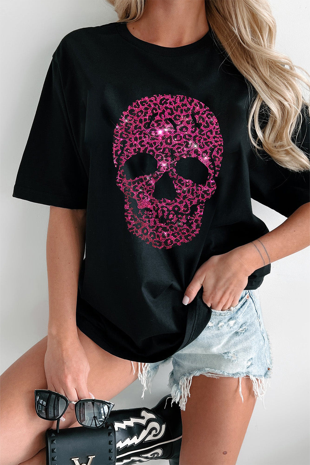 Black Rhinestone Leopard Skull Graphic Crewneck Casual T Shirt Graphic Tees JT's Designer Fashion