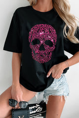 Black Rhinestone Leopard Skull Graphic Crewneck Casual T Shirt Graphic Tees JT's Designer Fashion