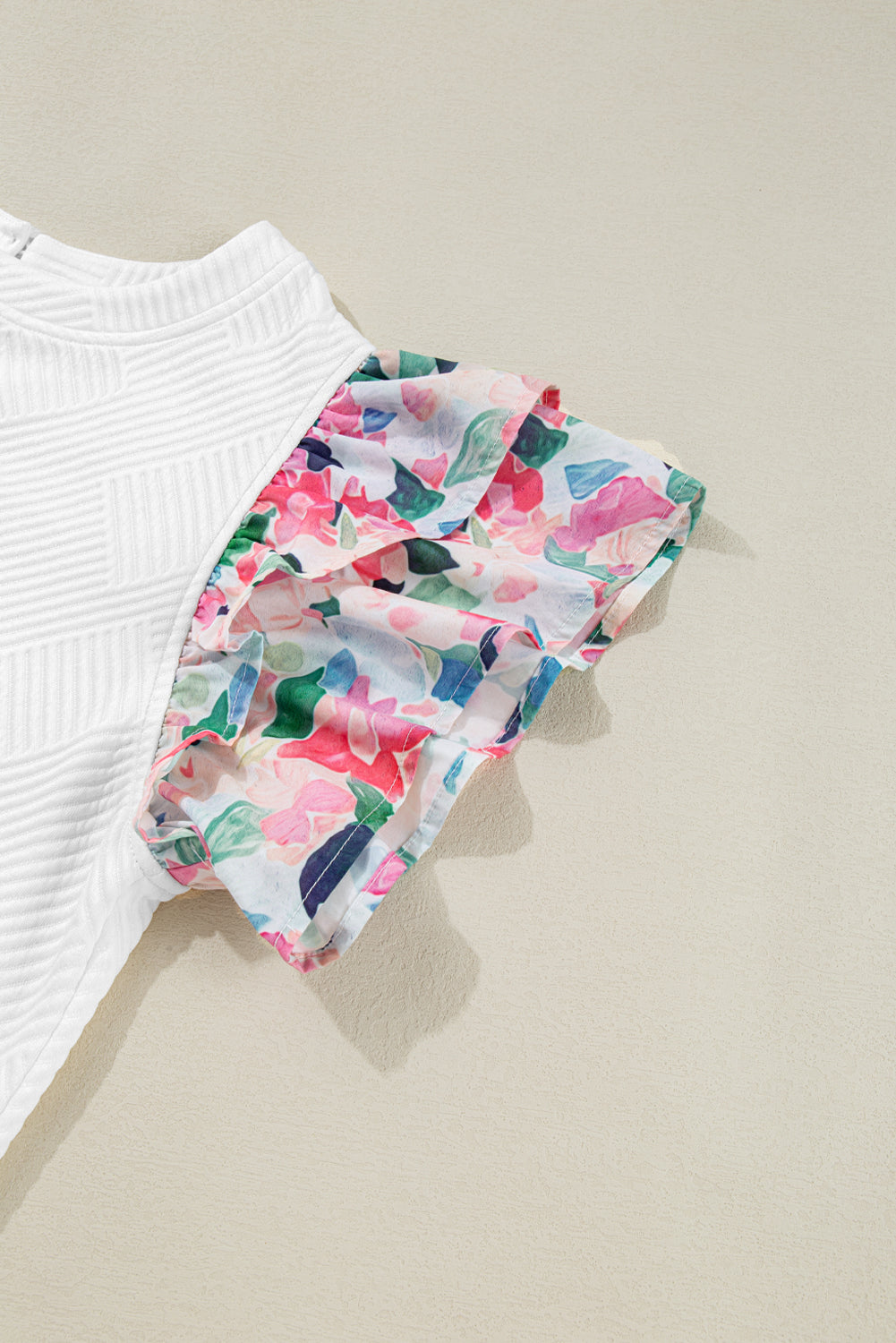 White Abstract Print Tiered Ruffled Sleeve Textured Knit Top Blouses & Shirts JT's Designer Fashion