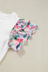 White Abstract Print Tiered Ruffled Sleeve Textured Knit Top Blouses & Shirts JT's Designer Fashion