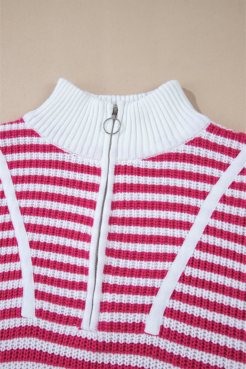 Pink Stripe Zip up Collar Drop Shoulder Sweater Sweaters JT's Designer Fashion