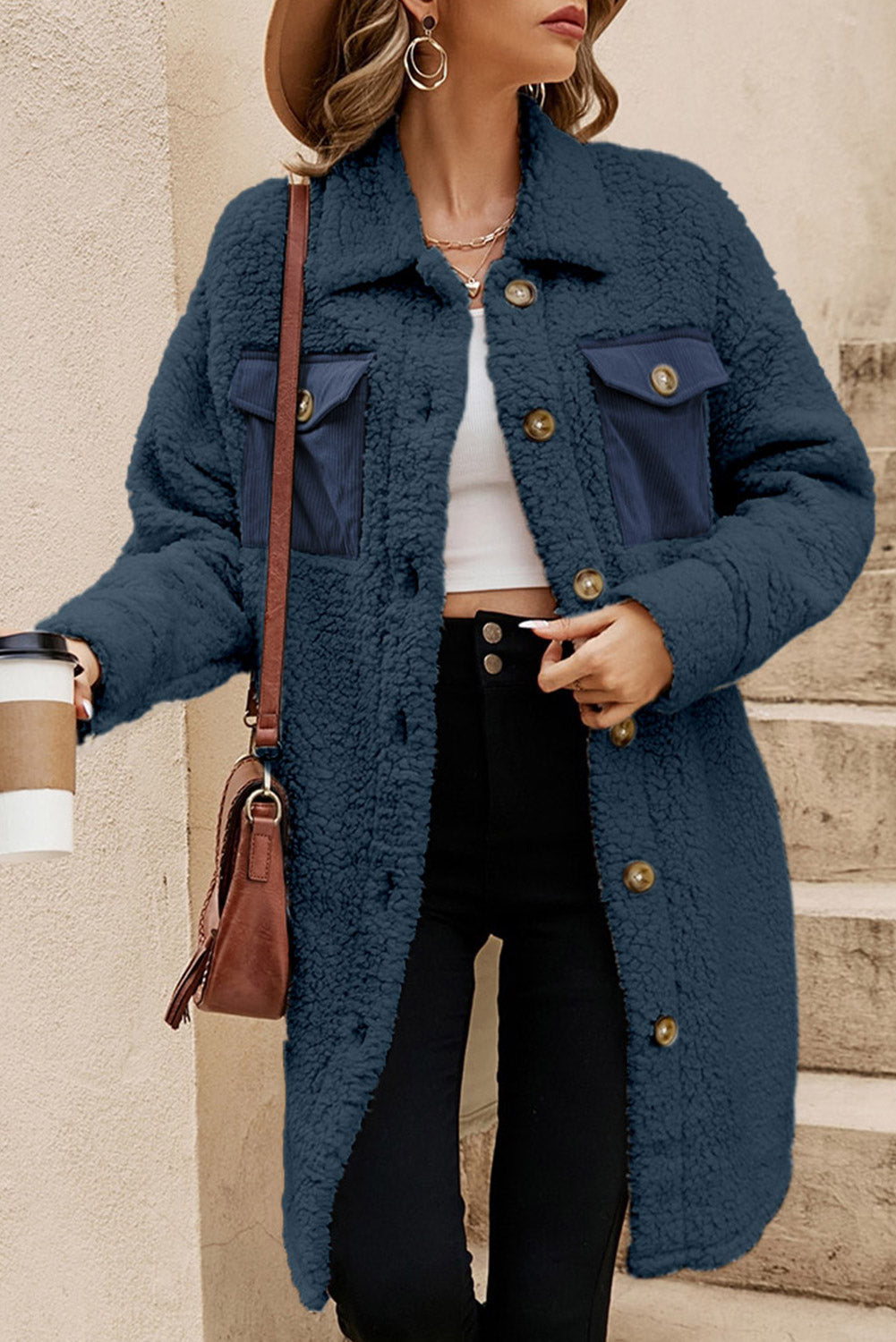 Blue Contrast Flap Pocket Single Breasted Teddy Coat Blue 100%Polyester Coats JT's Designer Fashion